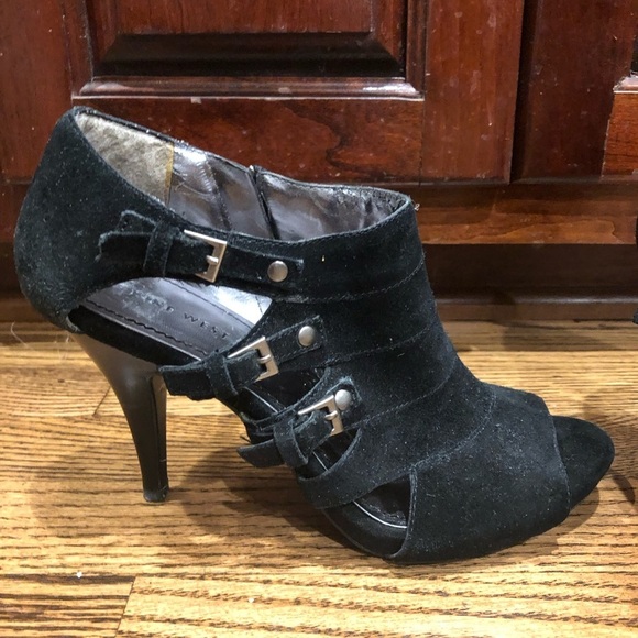 Nine West Suede Open Toe Black High Heel Ankle Bootie Sz 7.5 - Picture 5 of 11